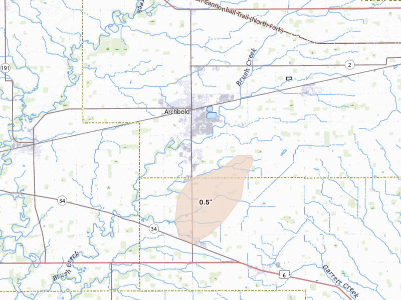 Radar-estimated hail-size map of the storm over Archbold, OH on May 18, 2026