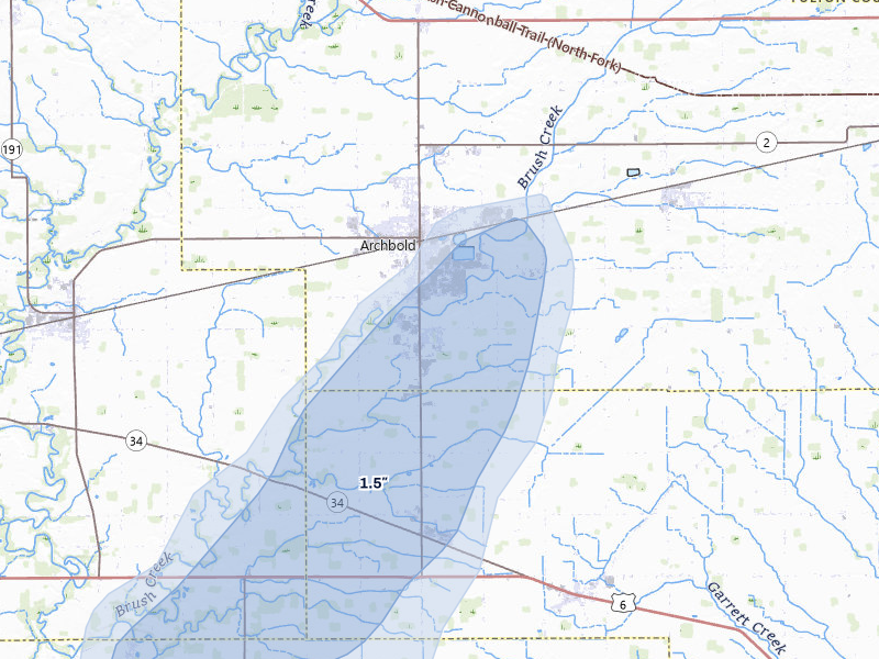 NEXRAD radar-signature map of the hail storm over Archbold, OH on May 18, 2026