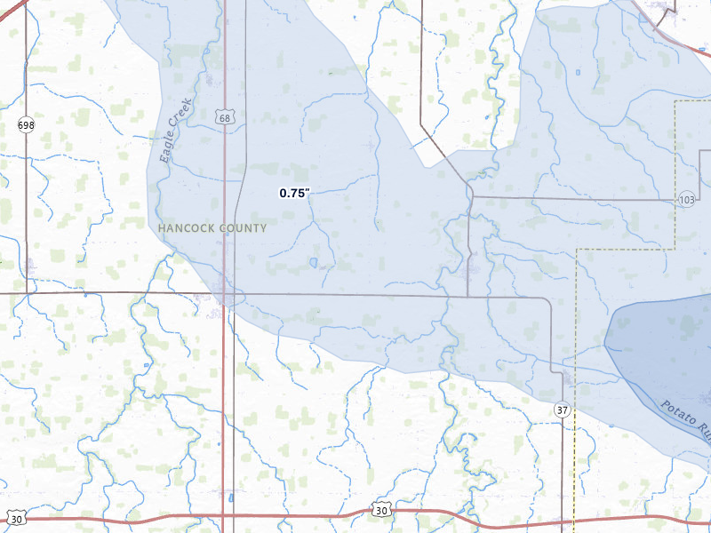 NEXRAD radar-signature map of the hail over Arlington, OH