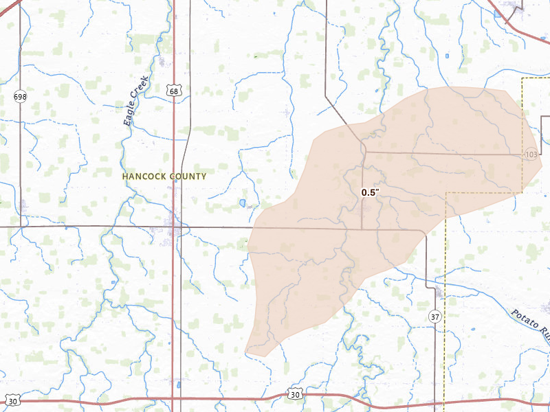 Radar-estimated hail-size map of the storm over Arlington, OH on Jul 17, 2026