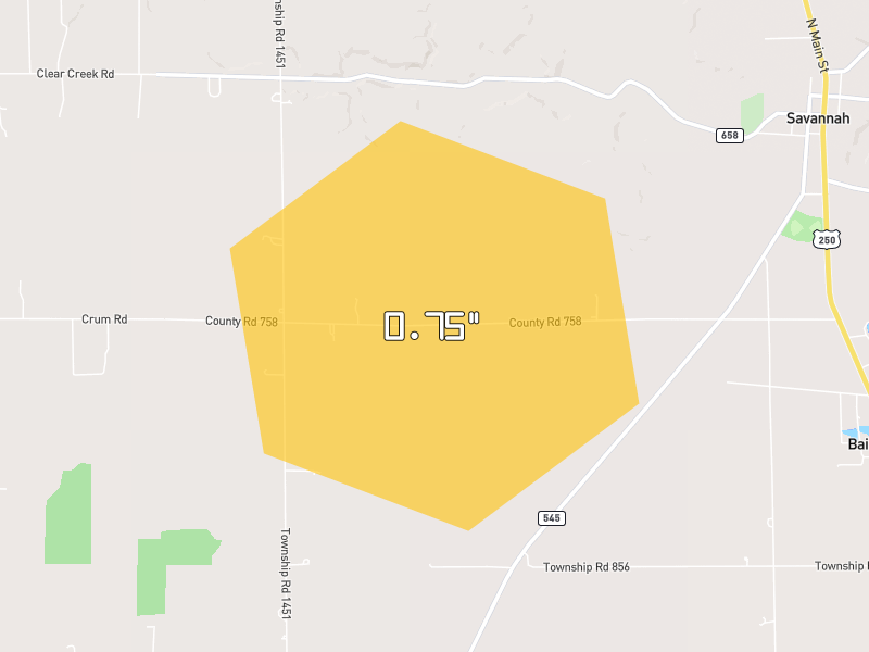 Hail map of Ashland, OH on Jul 4, 2026, hail up to 0.75"
