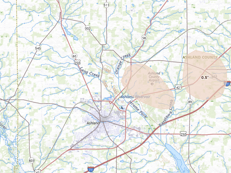Radar-estimated hail-size map of the storm over Ashland, OH on Aug 10, 2026