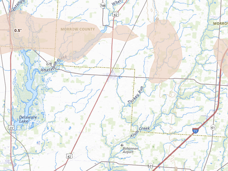 Radar-estimated hail-size map of the storm over Ashley, OH on Mar 22, 2026