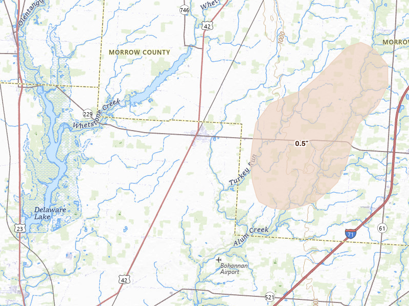 Radar-estimated hail-size map of the storm over Ashley, OH on May 19, 2026