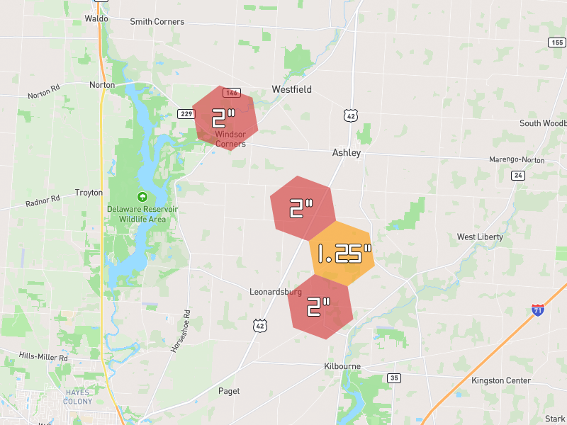 Hail map of Ashley, OH on Jun 6, 2026, hail up to 2"