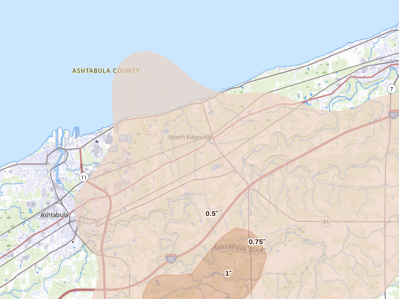 Radar-estimated hail-size map of the storm over Ashtabula, OH on Jun 10, 2026