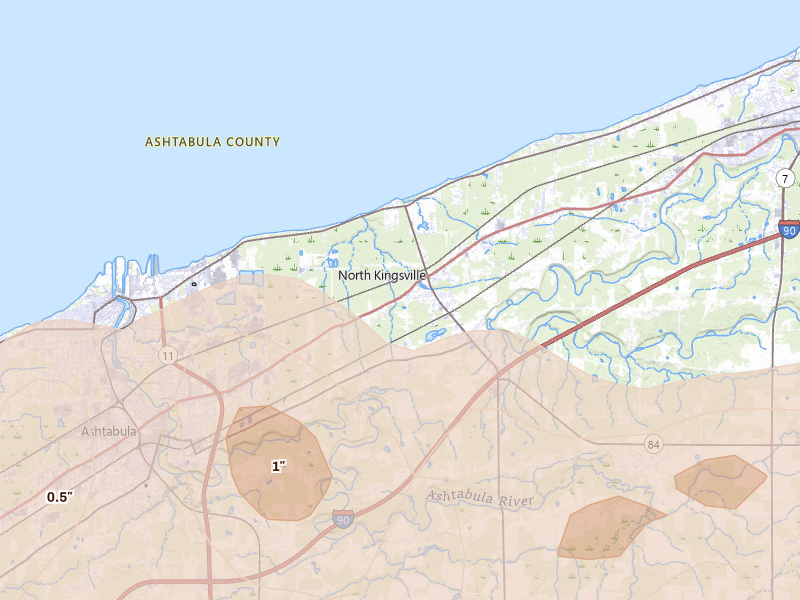 Radar-estimated hail-size map of the storm over Ashtabula, OH on Jun 14, 2026