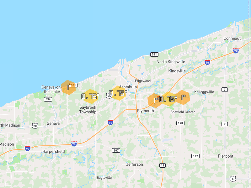 Hail map of Ashtabula, OH on Jul 21, 2026, hail up to 1"