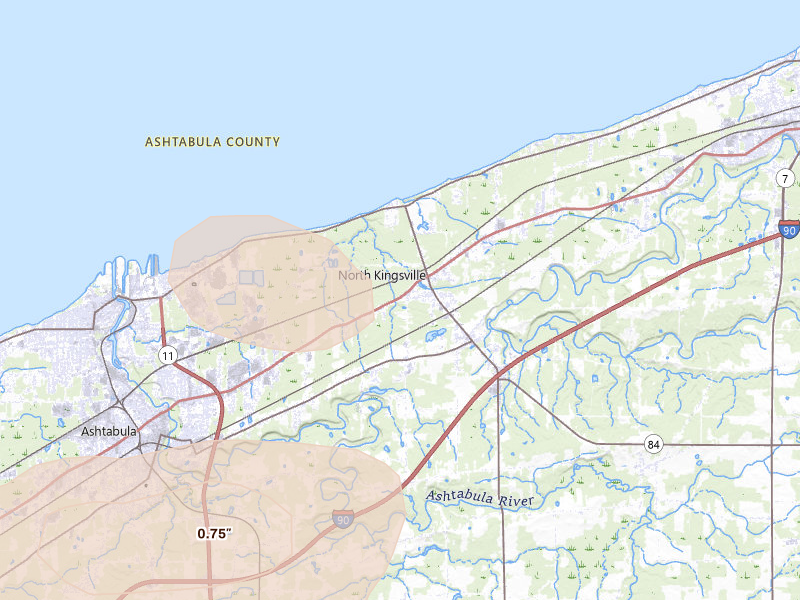 Radar-estimated hail-size map of the storm over Ashtabula, OH on Aug 10, 2026