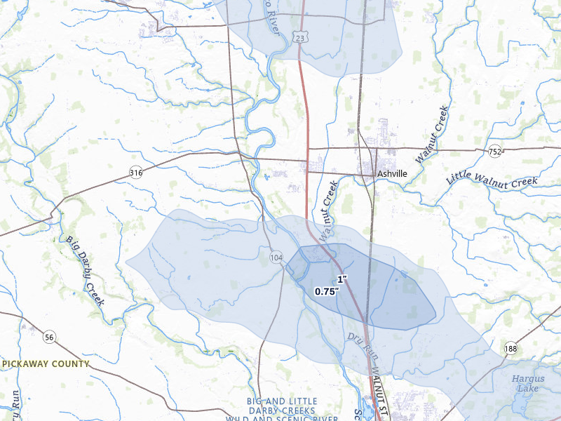 NEXRAD radar-signature map of the hail over Ashville, OH