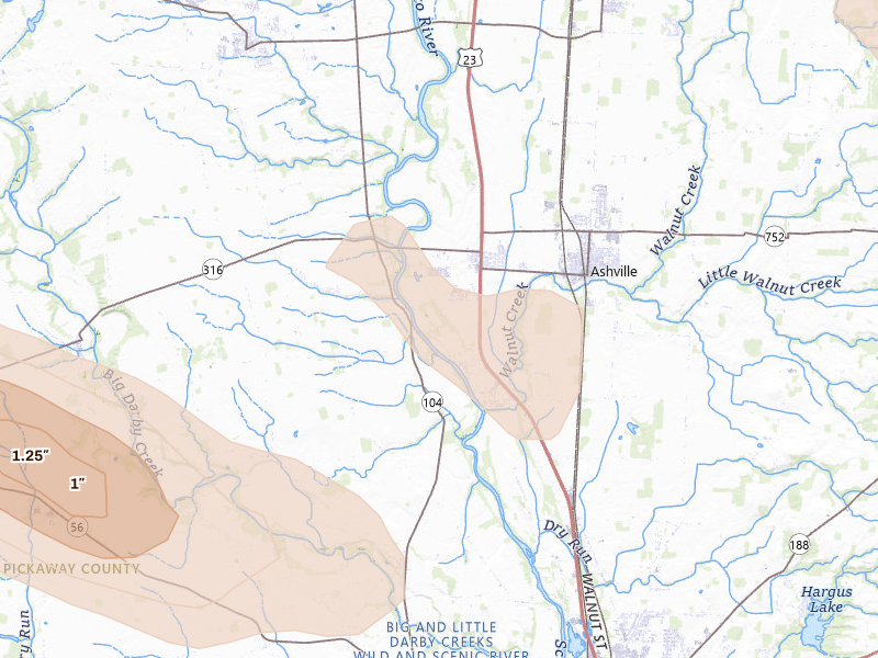 Radar-estimated hail-size map of the storm over Ashville, OH on Jun 6, 2026
