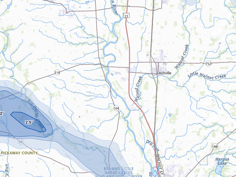 NEXRAD radar-signature map of the hail over Ashville, OH