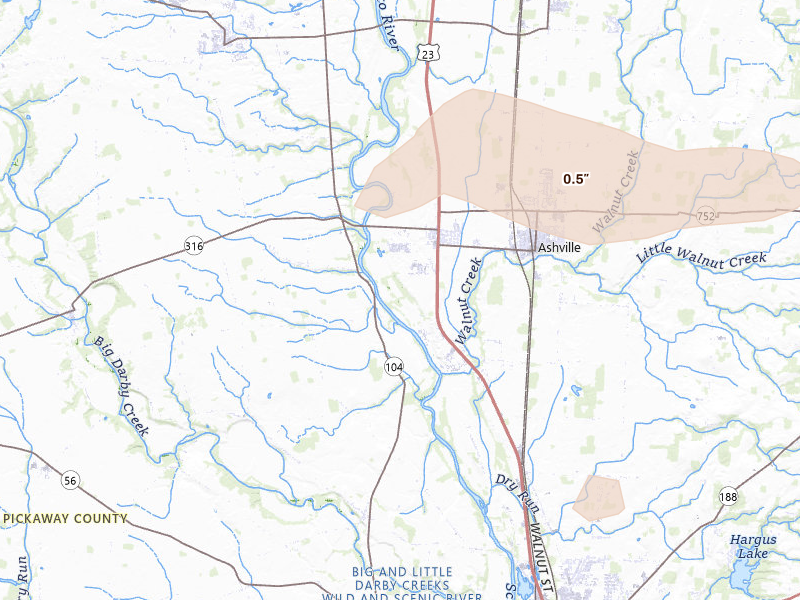 Radar-estimated hail-size map of the storm over Ashville, OH on Jul 21, 2026