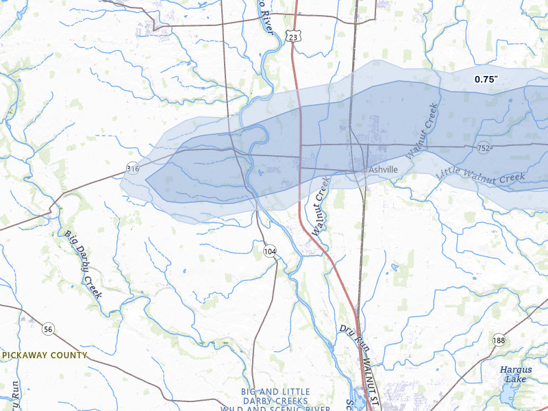 NEXRAD radar-signature map of the hail over Ashville, OH
