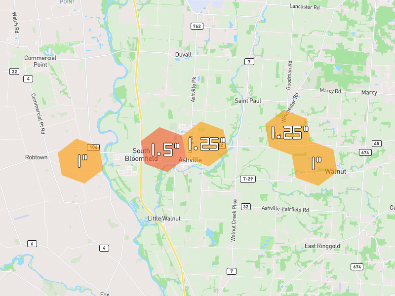 Hail map of Ashville, OH on Jul 21, 2026, hail up to 1.5"