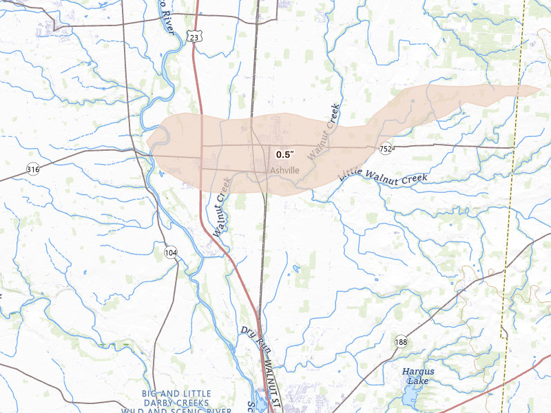 Radar-estimated hail-size map of the storm over Ashville, OH on Aug 8, 2026