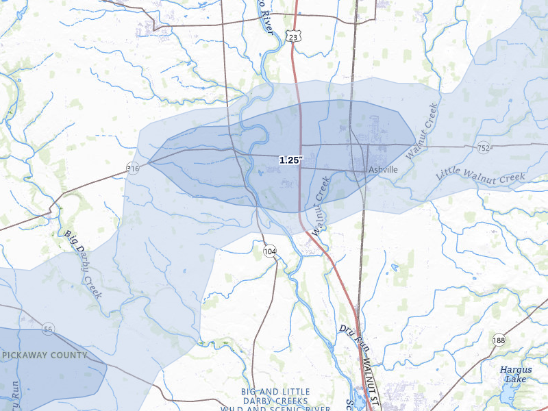NEXRAD radar-signature map of the hail storm over Ashville, OH on Aug 8, 2026