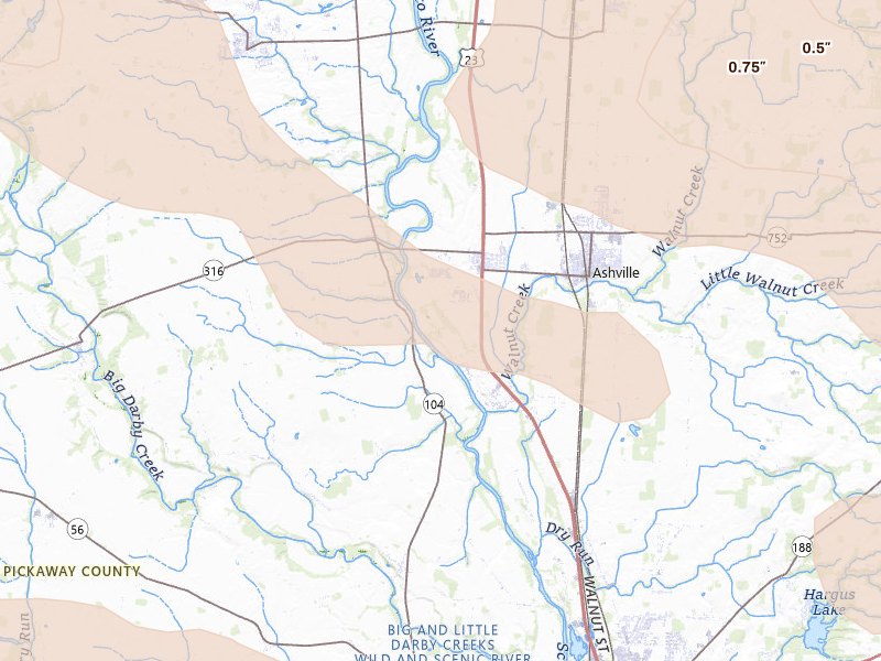 Radar-estimated hail-size map of the storm over Ashville, OH on Aug 10, 2026