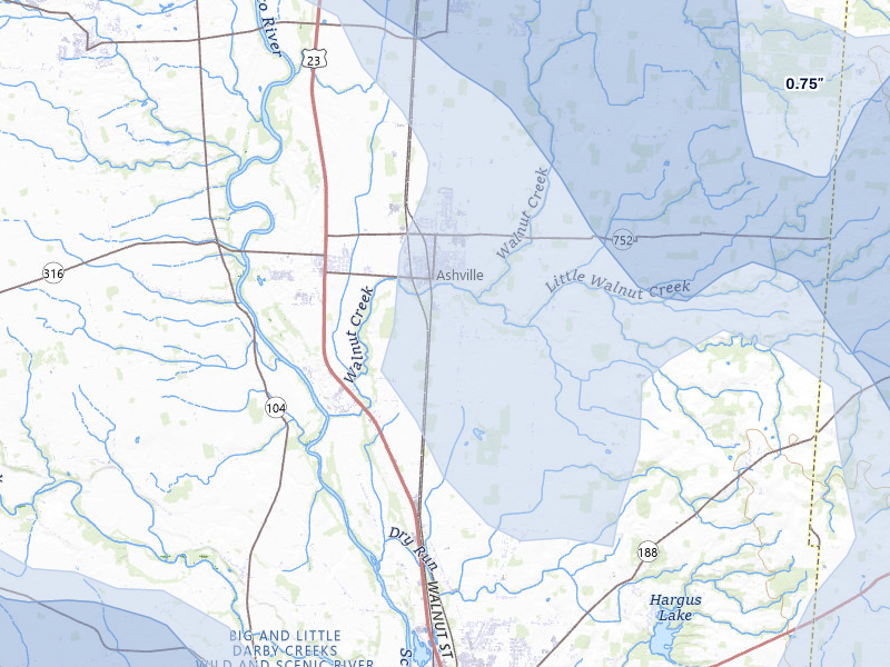 NEXRAD radar-signature map of the hail storm over Ashville, OH on Aug 10, 2026