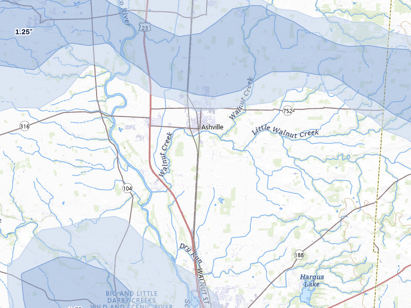 NEXRAD radar-signature map of the hail storm over Ashville, OH on Aug 11, 2026