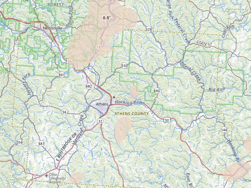 Radar-estimated hail-size map of the storm over Athens, OH on Jul 17, 2026
