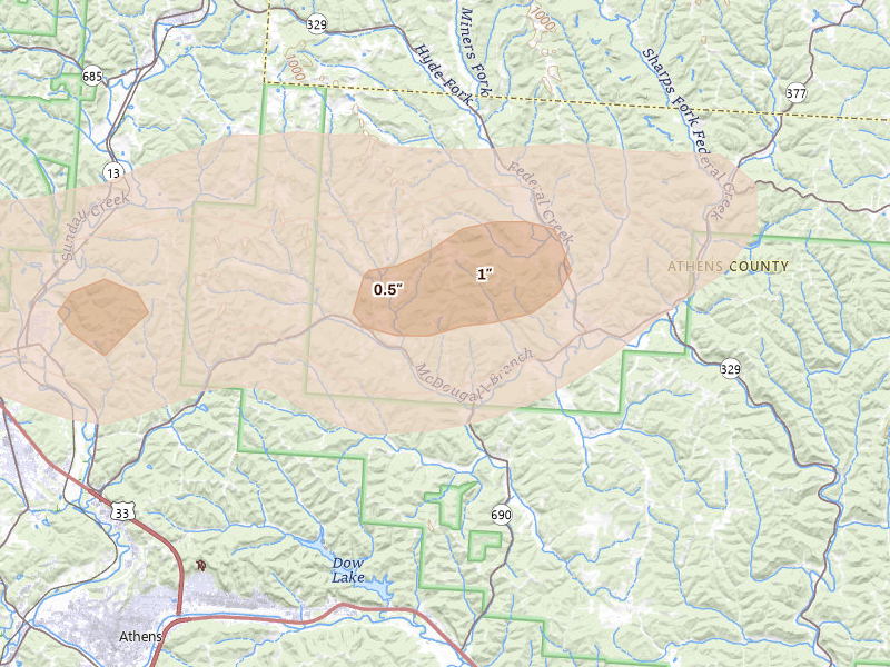 Radar-estimated hail-size map of the storm over Athens, OH on Aug 8, 2026