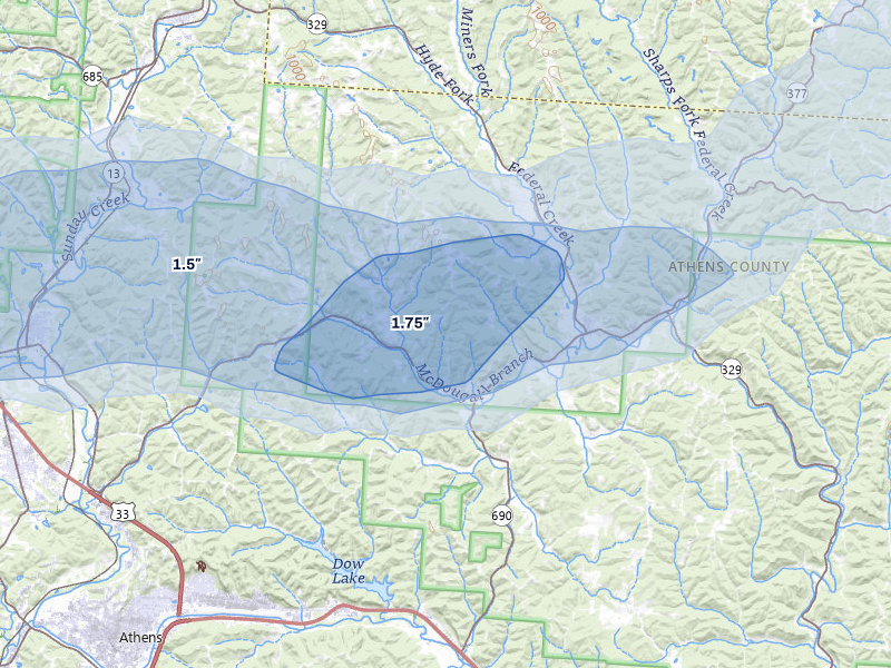 NEXRAD radar-signature map of the hail storm over Athens, OH on Aug 8, 2026