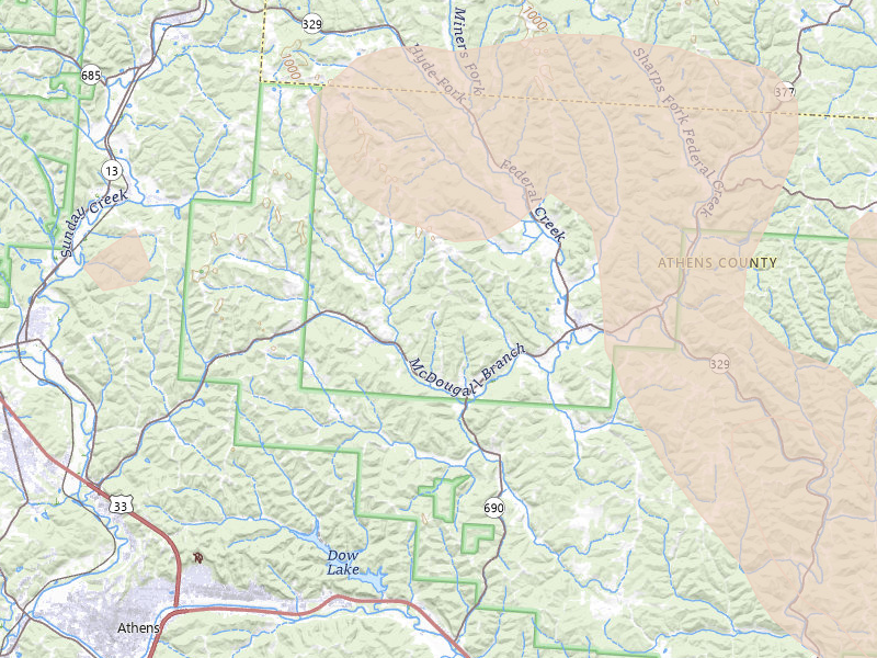 Radar-estimated hail-size map of the storm over Athens, OH on Aug 10, 2026