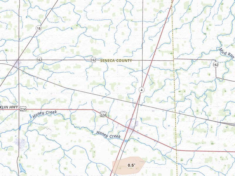 Radar-estimated hail-size map of the storm over Attica, OH on Mar 31, 2026