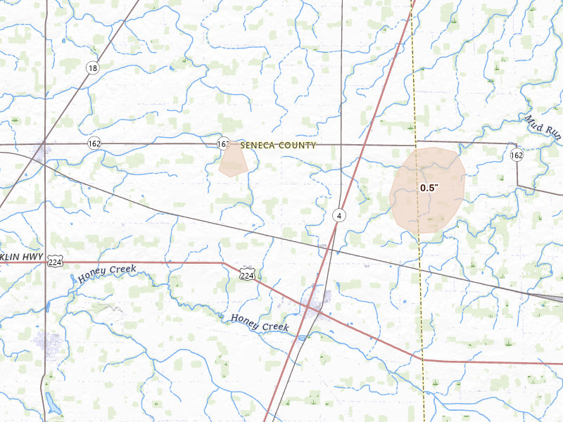 Radar-estimated hail-size map of the storm over Attica, OH on Aug 9, 2026