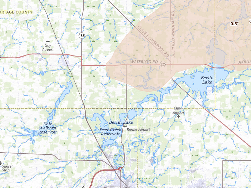 Radar-estimated hail-size map of the storm over Atwater, OH on Aug 22, 2026