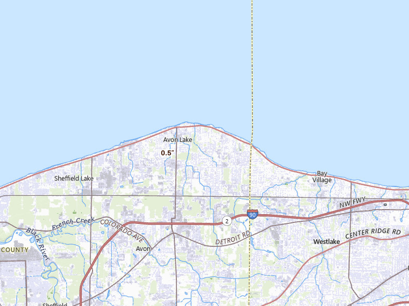 Radar-estimated hail-size map of the storm over Avon Lake, OH on Jul 3, 2026