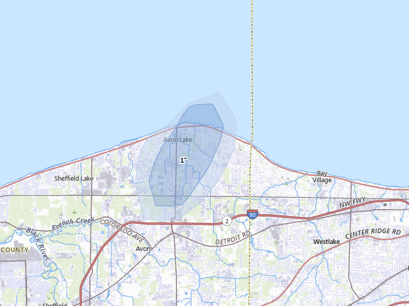 NEXRAD radar-signature map of the hail over Avon Lake, OH
