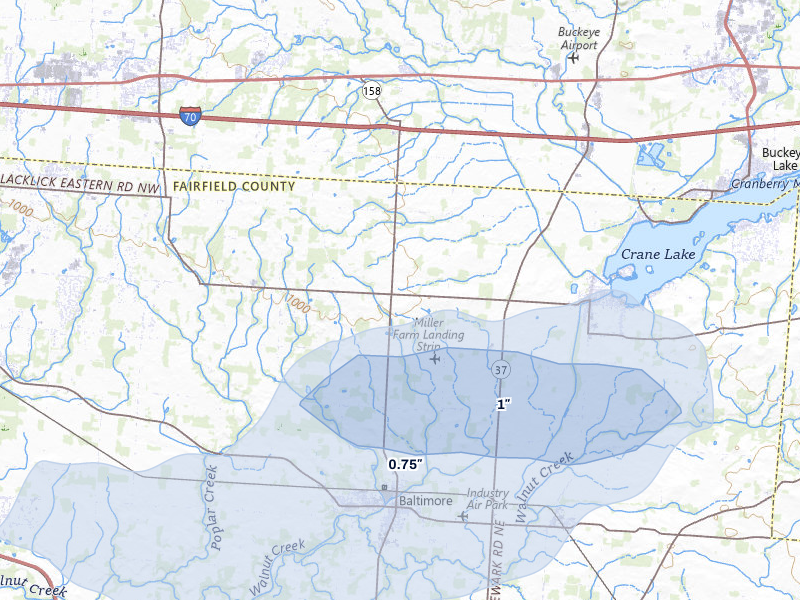 NEXRAD radar-signature map of the hail storm over Baltimore, OH on Mar 22, 2026