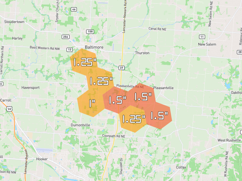 Hail map of Baltimore, OH on Jun 6, 2026, hail up to 1.5"