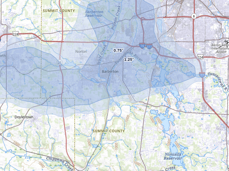 NEXRAD radar-signature map of the hail storm over Barberton, OH on Mar 22, 2026