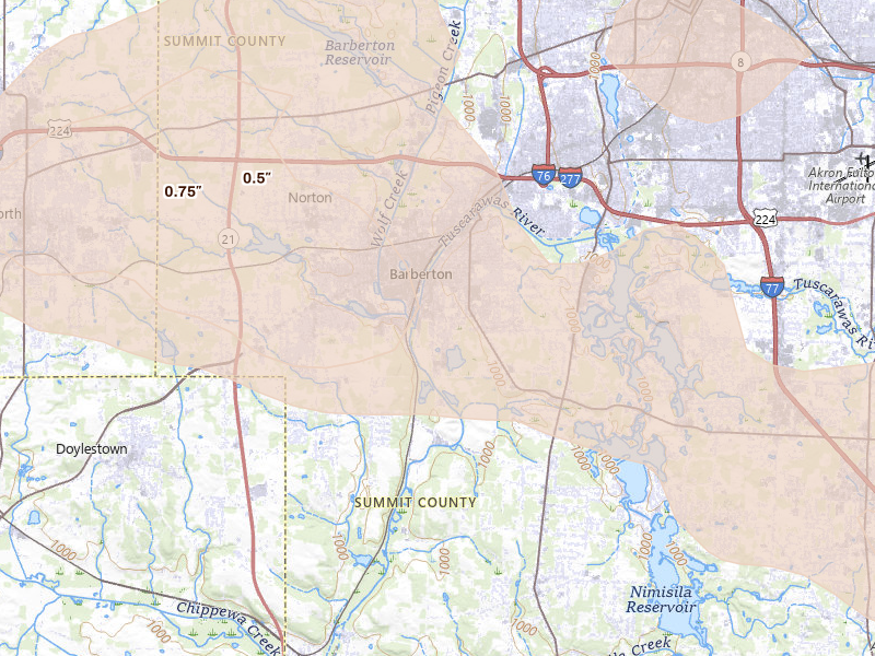 Radar-estimated hail-size map of the storm over Barberton, OH on Jun 10, 2026