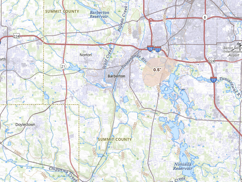 Radar-estimated hail-size map of the storm over Barberton, OH on Jul 3, 2026