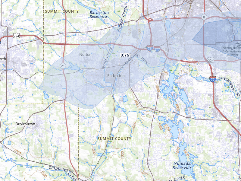 NEXRAD radar-signature map of the hail storm over Barberton, OH on Jul 3, 2026