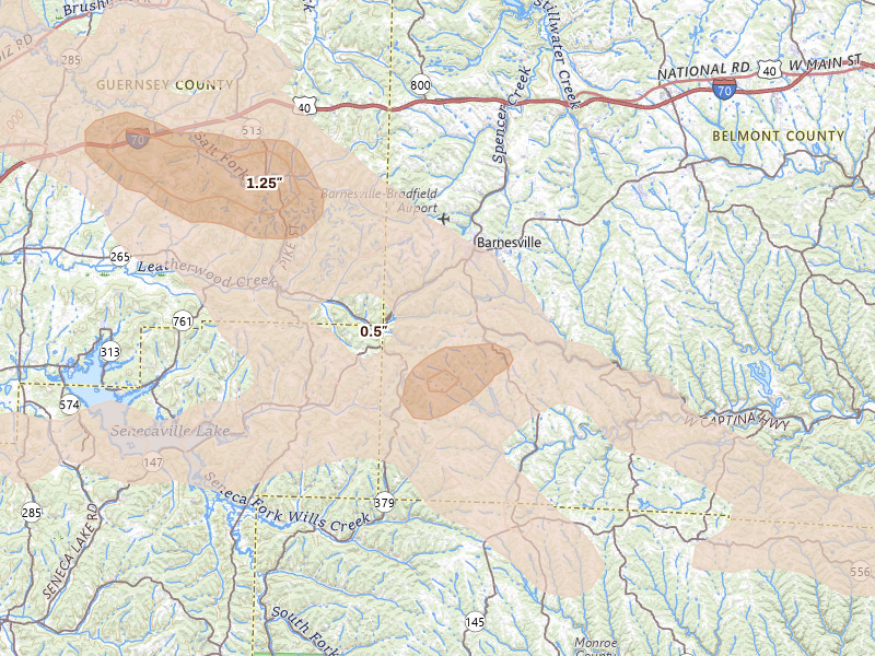 Radar-estimated hail-size map of the storm over Barnesville, OH on Jun 6, 2026