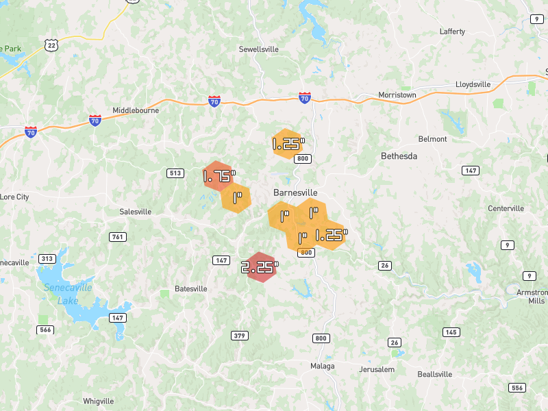 Hail map of Barnesville, OH on Jun 6, 2026, hail up to 2.25"