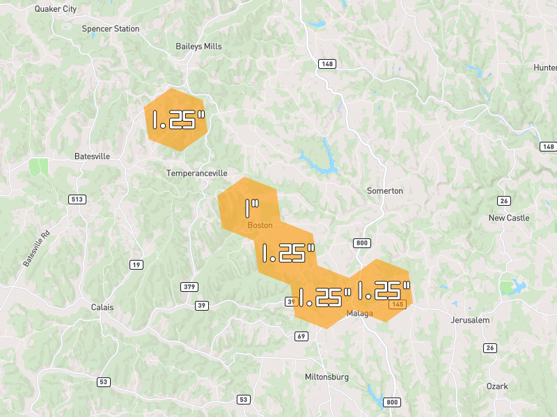 Hail map of Barnesville, OH on Jun 7, 2026, hail up to 1.25"