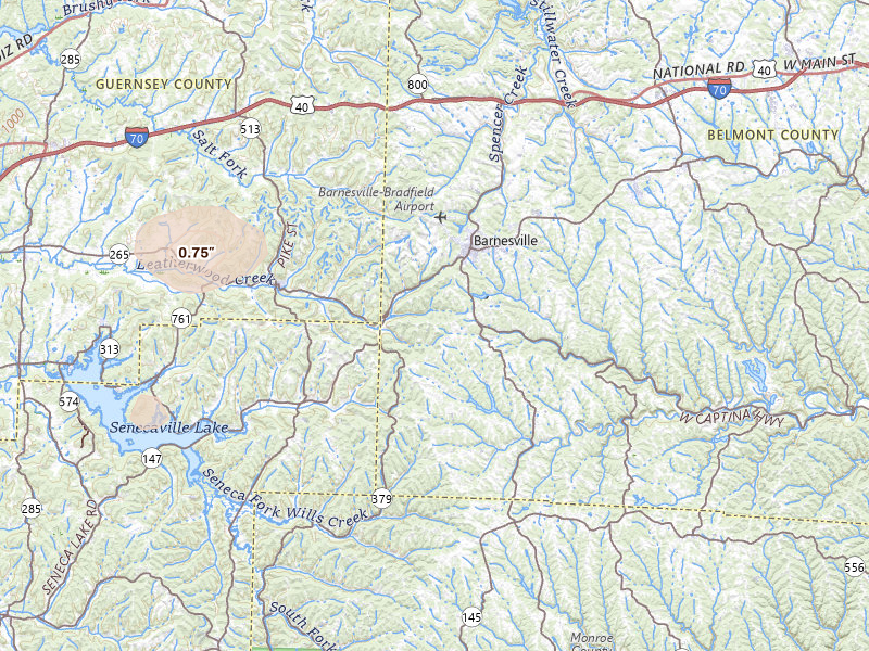 Radar-estimated hail-size map of the storm over Barnesville, OH on Jul 4, 2026