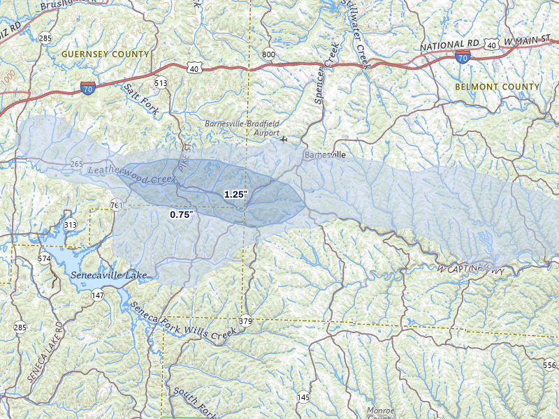 NEXRAD radar-signature map of the hail over Barnesville, OH