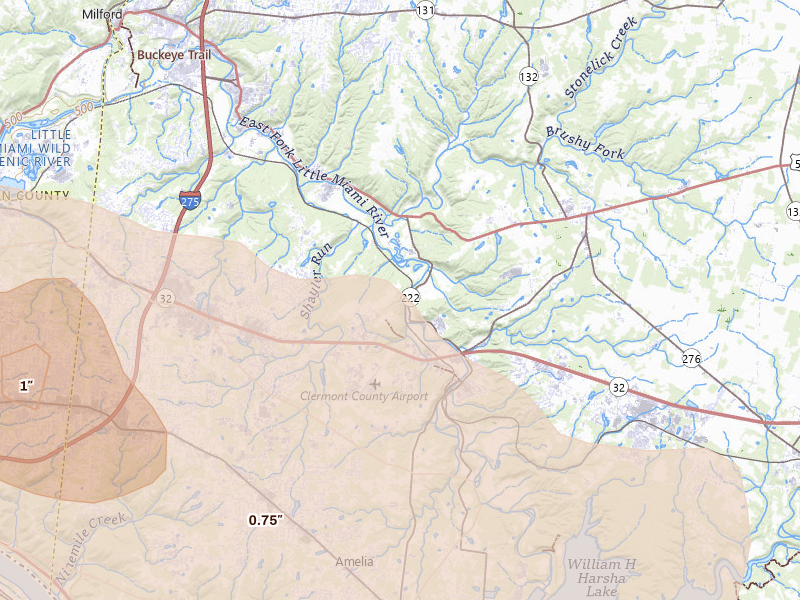 Radar-estimated hail-size map of the storm over Batavia, OH on Jul 21, 2026
