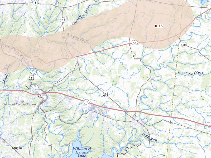 Radar-estimated hail-size map of the storm over Batavia, OH on Aug 6, 2026