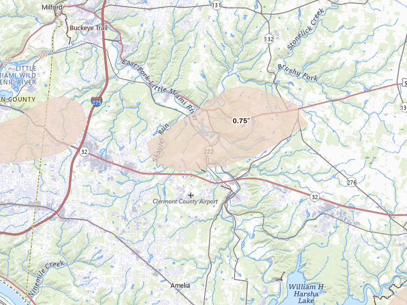 Radar-estimated hail-size map of the storm over Batavia, OH on Aug 7, 2026