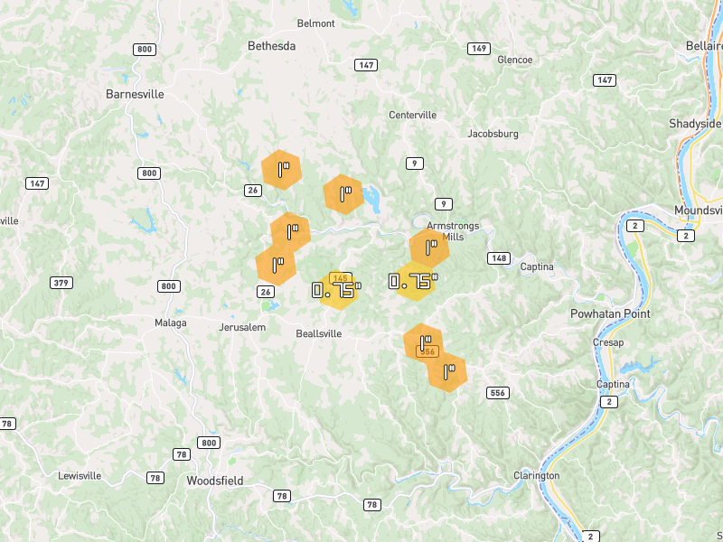 Hail map of Beallsville, OH on Jun 6, 2026, hail up to 1"