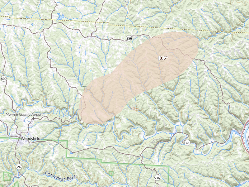 Radar-estimated hail-size map of the storm over Beallsville, OH on Aug 22, 2026