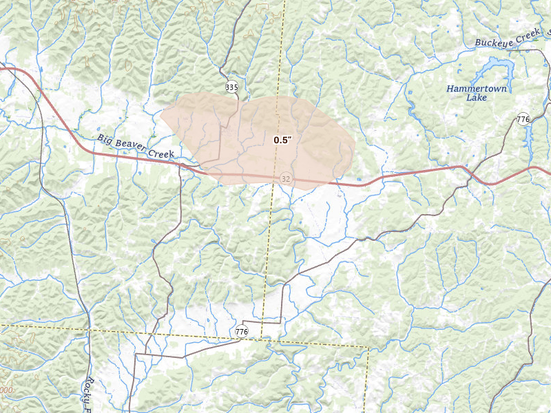 Radar-estimated hail-size map of the storm over Beaver, OH on Aug 8, 2026